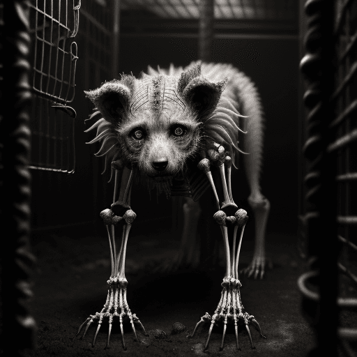 AI generated: Ribcage visible, matted fur and dirt crusted on thinning skin, skeletal yet muscle still clinging to...