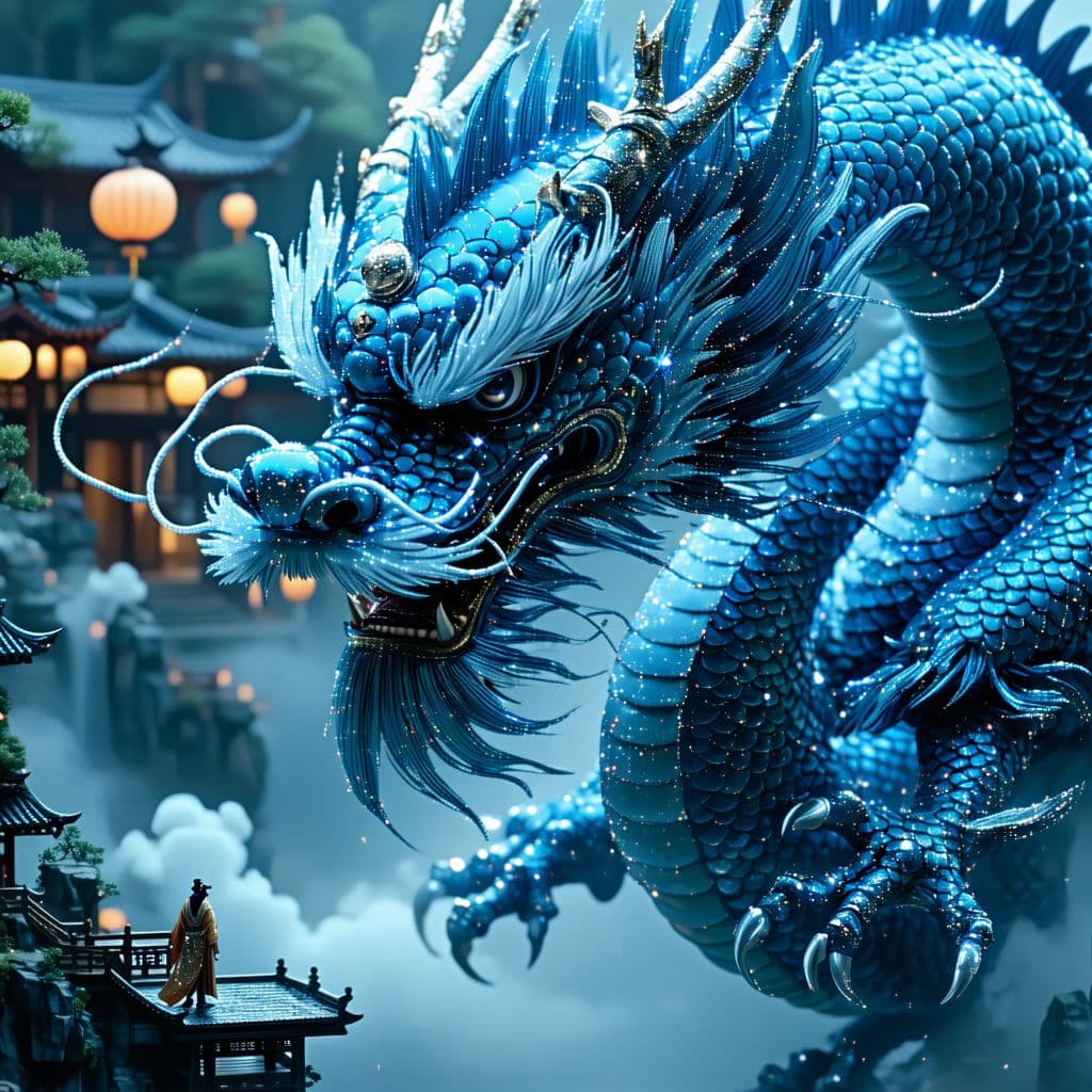 AI generated: Kyoto Animation stylized anime mixed with tradition Chinese artworks~ A dragon flying at modern cybe...