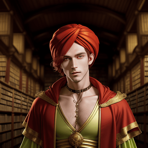 AI generated: portrait of a male cleric inside a temple library, very short red hair, lime colored robe, lime colo...