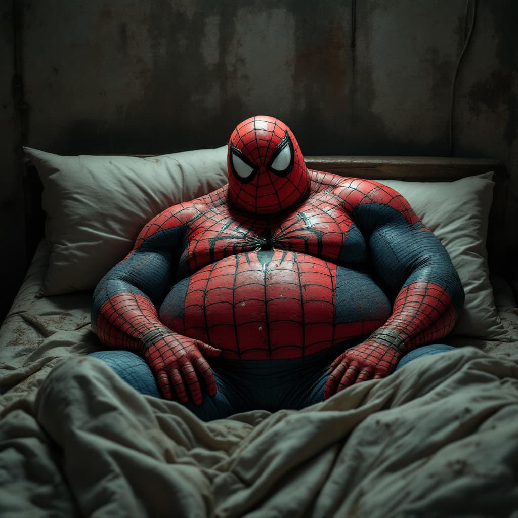 AI generated: wide shot of a zumo fighter  dressed , 
fat spiderman,sketchy outfit, in a warehouse, sleeping in a ...