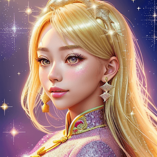 AI generated: Close-up girl, glitter background, shiny glitter blonde hair, professional profile photo, shiny glit...
