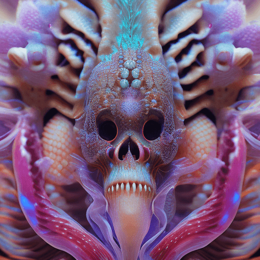 AI generated: Goddess close-up portrait ribcagel. jellyfish phoenix head, nautilus, orchid, skull, betta fish, bio...