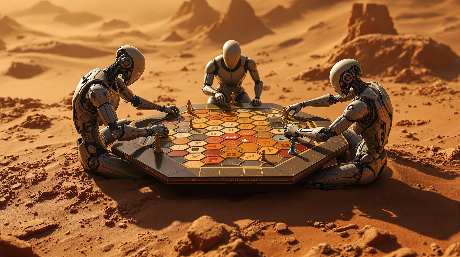 AI generated:  A hyper-realistic  scene: ,gods playing "terraforming mars" a board game, the board has a hexagon f...