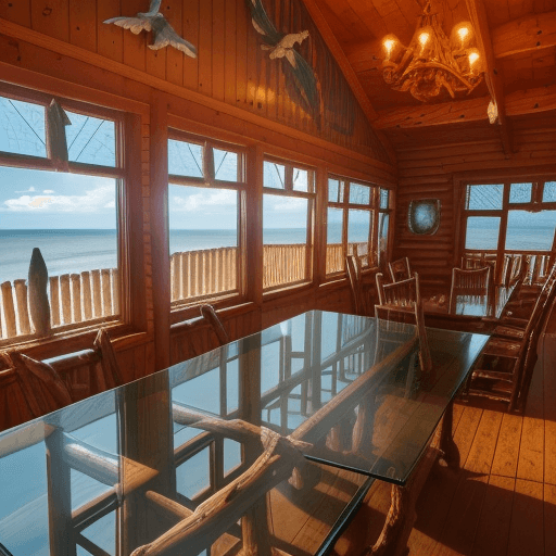 AI generated: Inside a seaside log cabin, full daylight, windows in all four walls, wooden ornate table with inset...