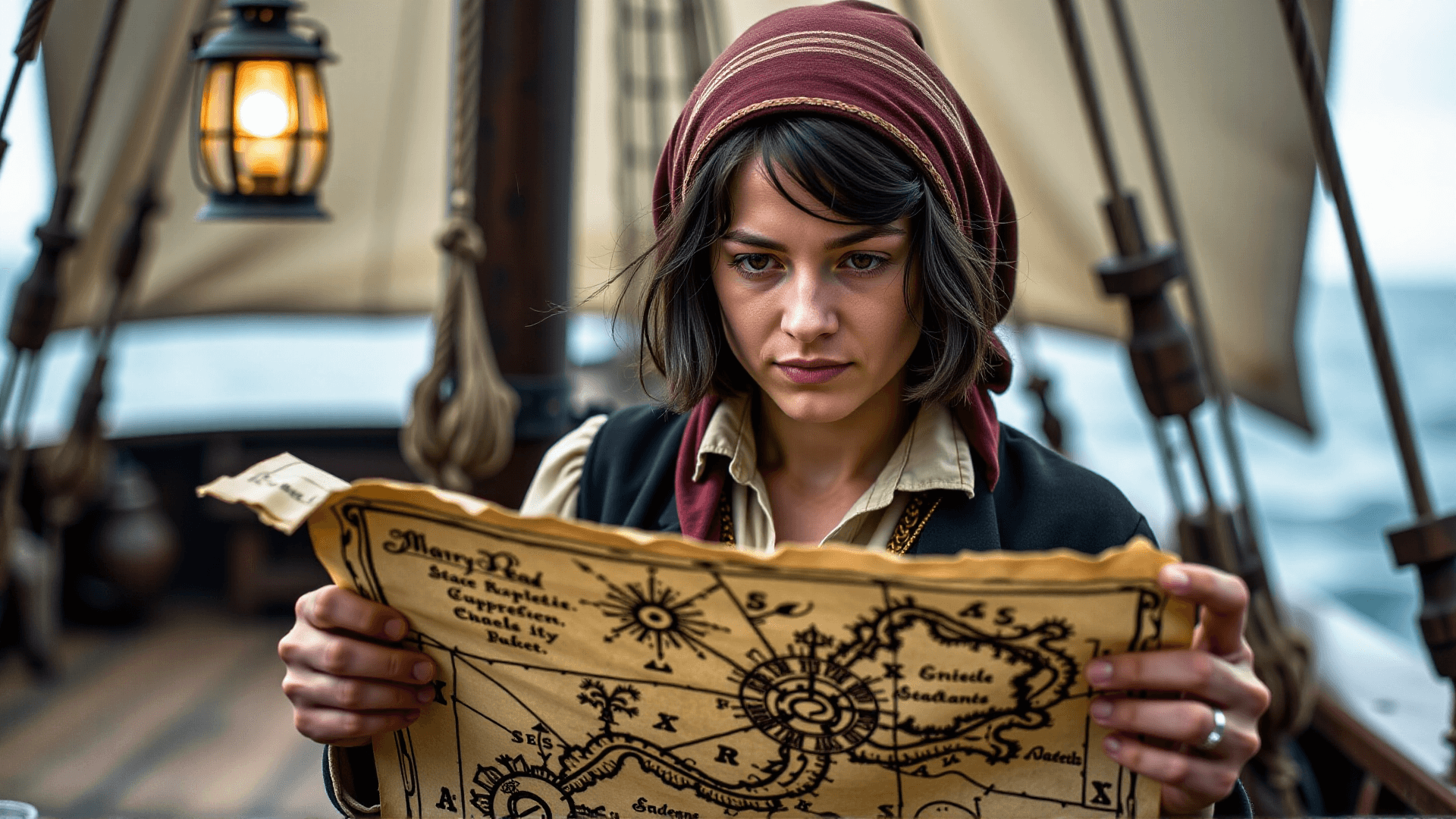 AI generated: An intimate close-up portrait of Mary Read, taking a moment of rare calm on the deck of the Pirate S...