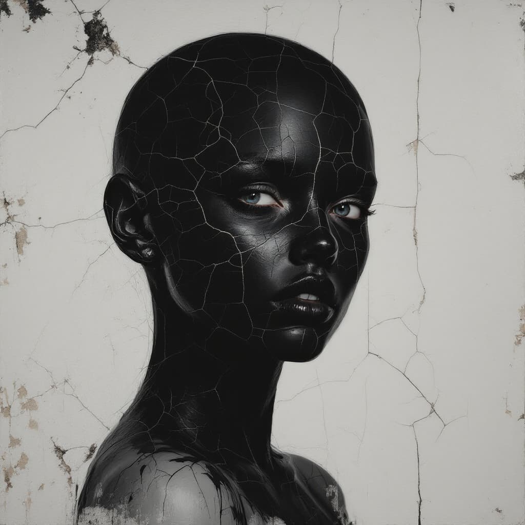 AI generated: The head of the girl is made up entirely from cracked black paint, with her lips visible through cra...