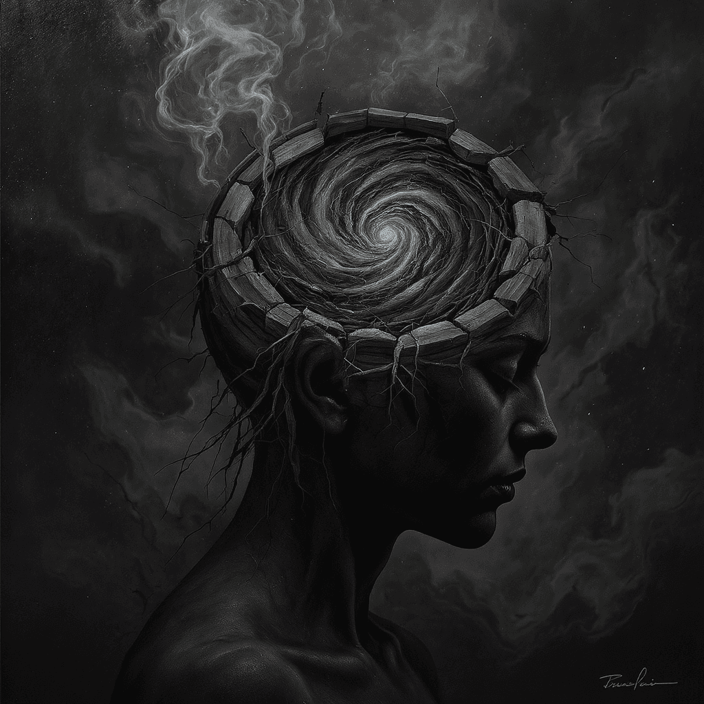 AI generated: Her mind was a shattered vessel, its lid pried open to reveal a swirling maelstrom of dark thoughts,...