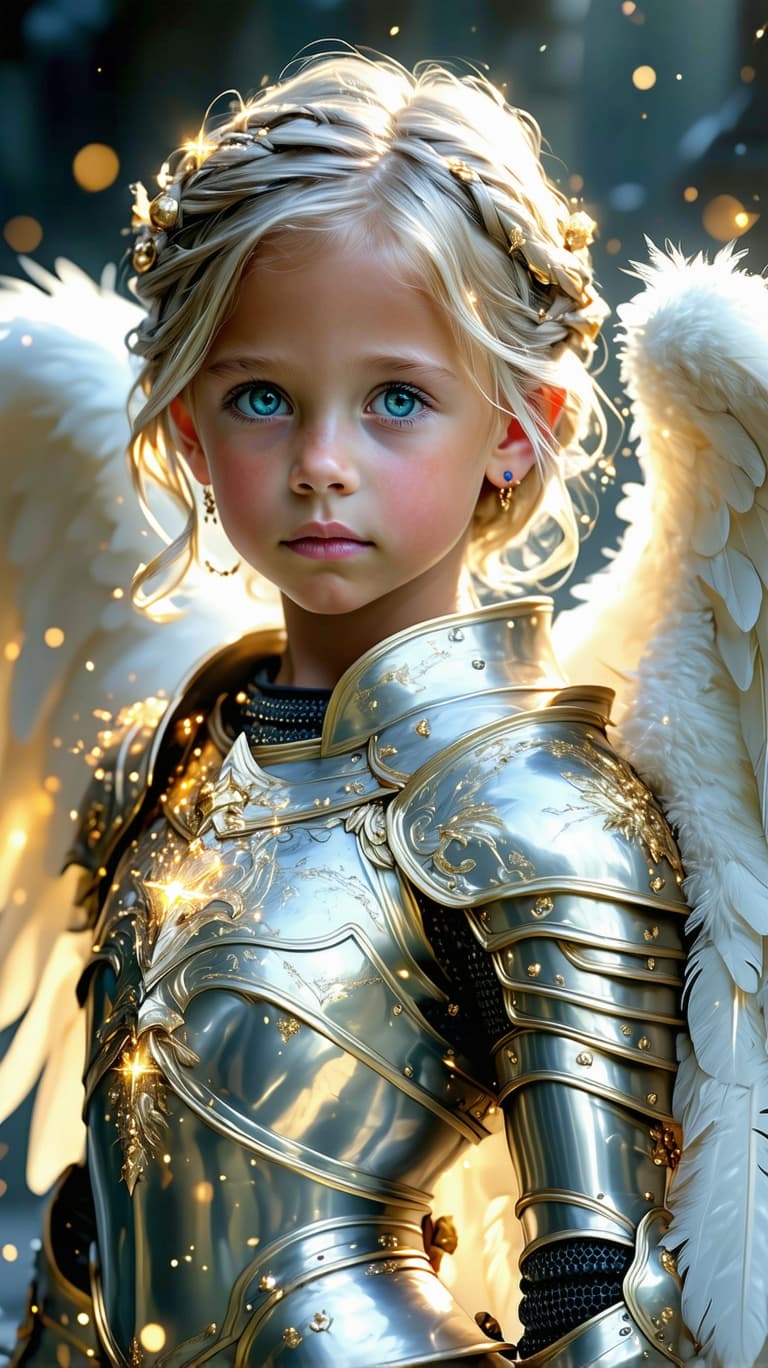 AI generated: A photo realistic exceptionally beautiful tween angel, aquamarine eyes, platinum blonde hair, golden...