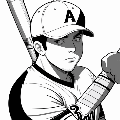 AI generated: Line art drawing showing a face hitting a ball with a baseball bat, wearing a white jersey and cap, ...