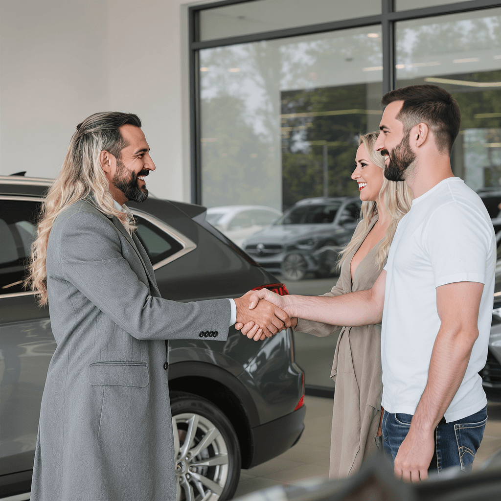 AI generated: Photographie réaliste, plan d'ensemble d'un vendeur de voiture acceuillant un couple de clients dans...