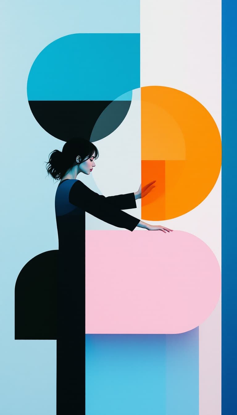 AI generated: Abstract Minimalism, Geometric Shapes, Bold Colors, Minimalist, Woman Holding a Geometric Form Balan...