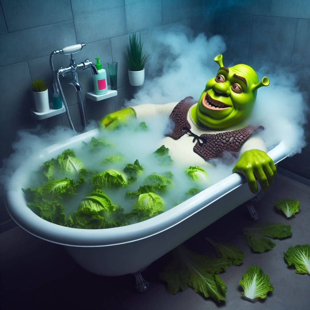 AI generated: Shrek bathing in a tub of lettuce with turbolences, humour, alluviation, cigar smoking, colours