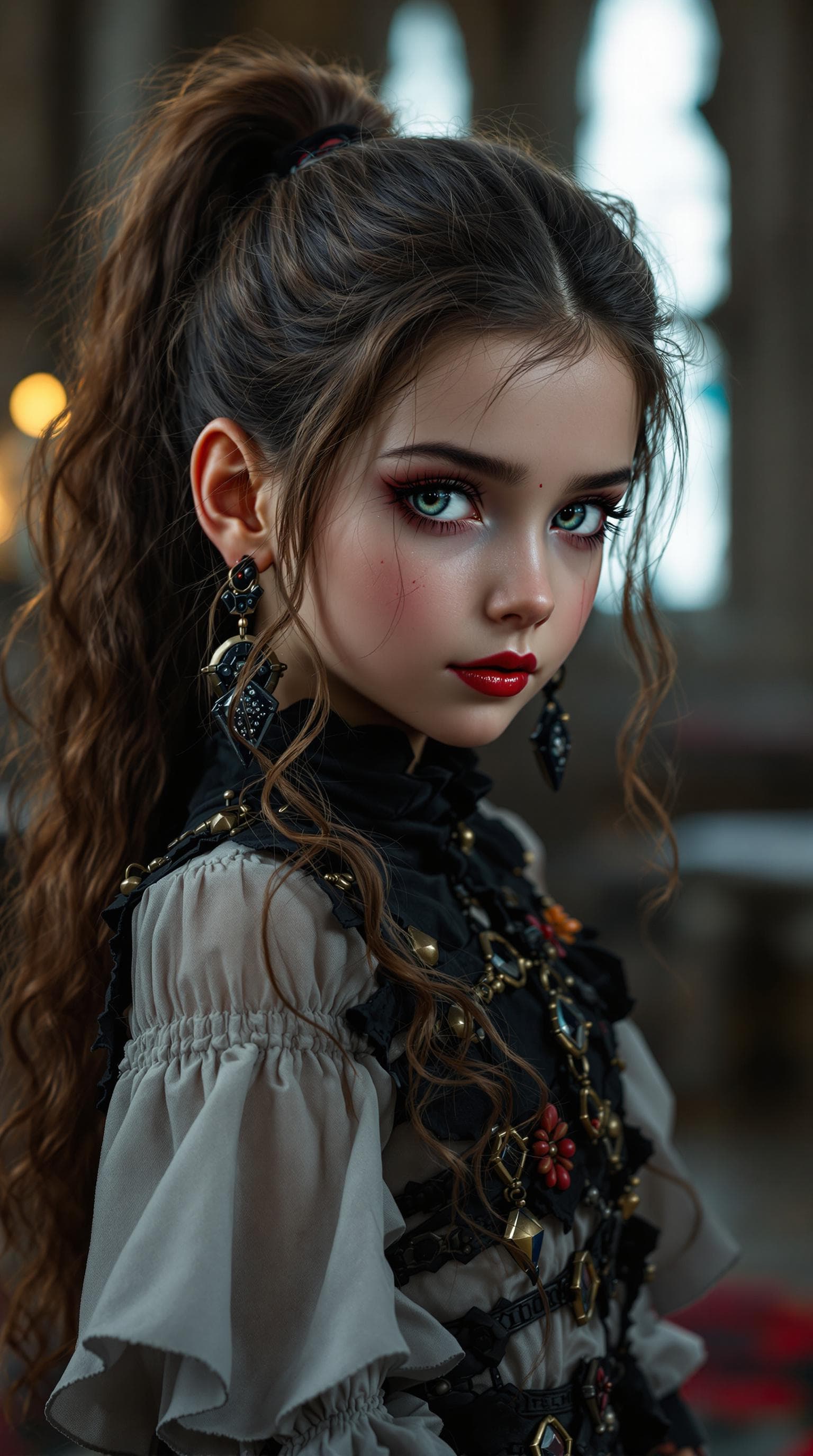 AI generated: a professional photo of a exceptionally beautiful girl in the world (age 9), of a evil girl, in a hi...