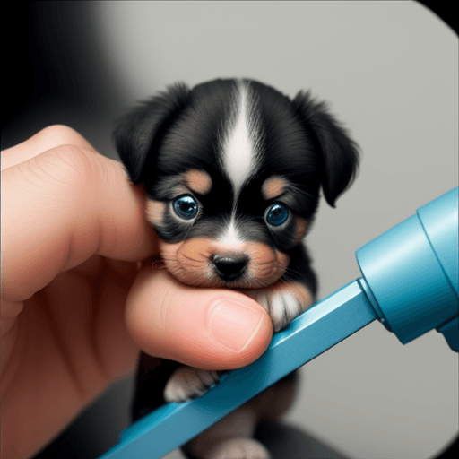 AI generated: Tiny puppy being observed under a microscope, side view