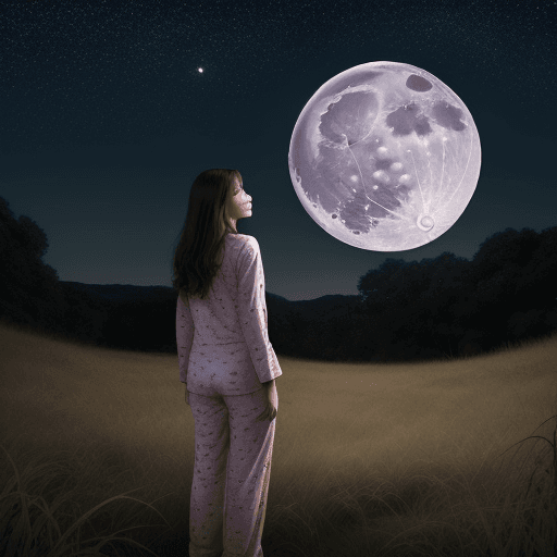 AI generated: a woman in pajamas looking at the full moon in a very lush grassland, at night with stars, turning h...