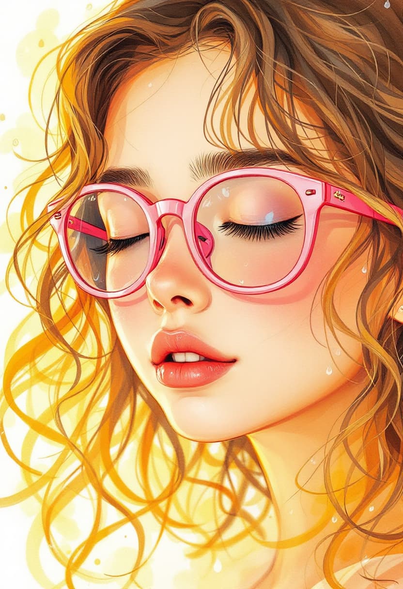 AI generated: a 7 years old pretty girl with brown blond slightly curly hair with eyes closed using a pink eyeglas...