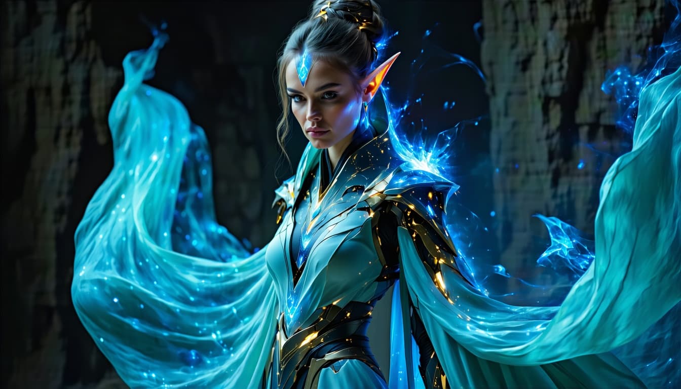 AI generated: An ultra-realistic, full-body portrait of a captivating elven techno-priestess woman, her stance bot...