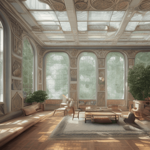 AI generated: High resolution photography interior design, dreamy sunken living room conversation pit, wooden floo...