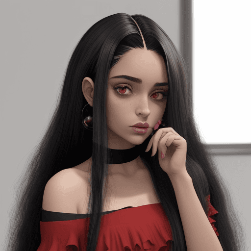 AI generated: Estilo manga. Mujer de etnia negra. Lleva un vestido de tono rojo atrevido y vibrante, que capta la ...