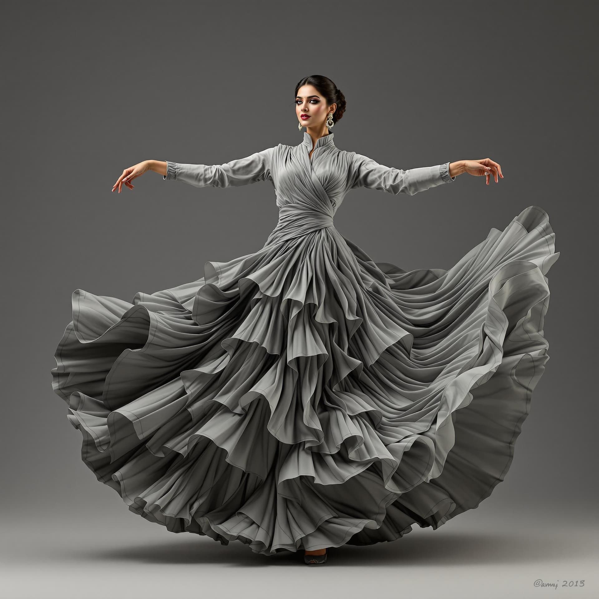 AI generated: The image is a full-length portrait of an Indian woman dancing in a flowing grey dress. The dress fe...