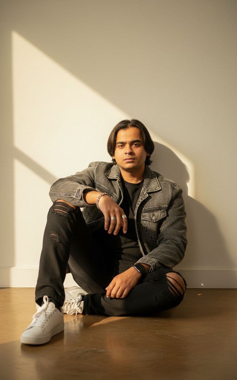 AI generated: Ultra-realistic full-body portrait of a stylish young man sitting casually on the floor indoors, lea...
