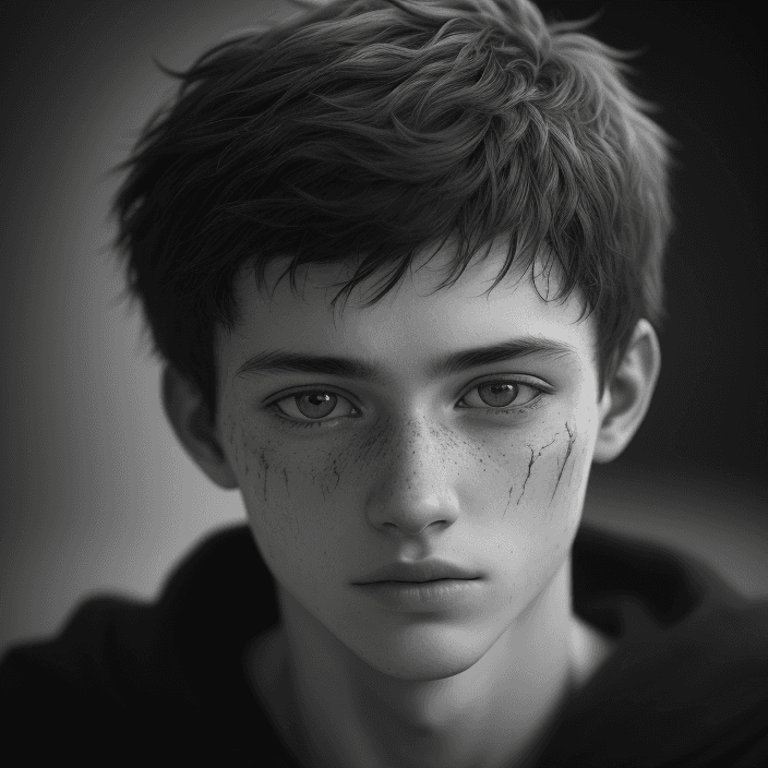 AI generated: RAW photo, black and white portrait of an 20 years old boy, highly detailed textures, tired, run dow...