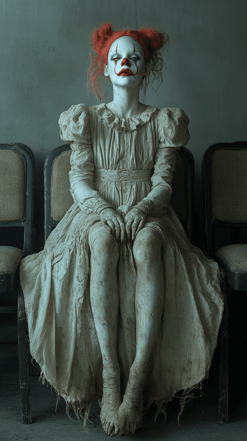 AI generated: A full-body shot of an eerie-looking woman with porcelain-like skin, wearing an old, torn dress and ...