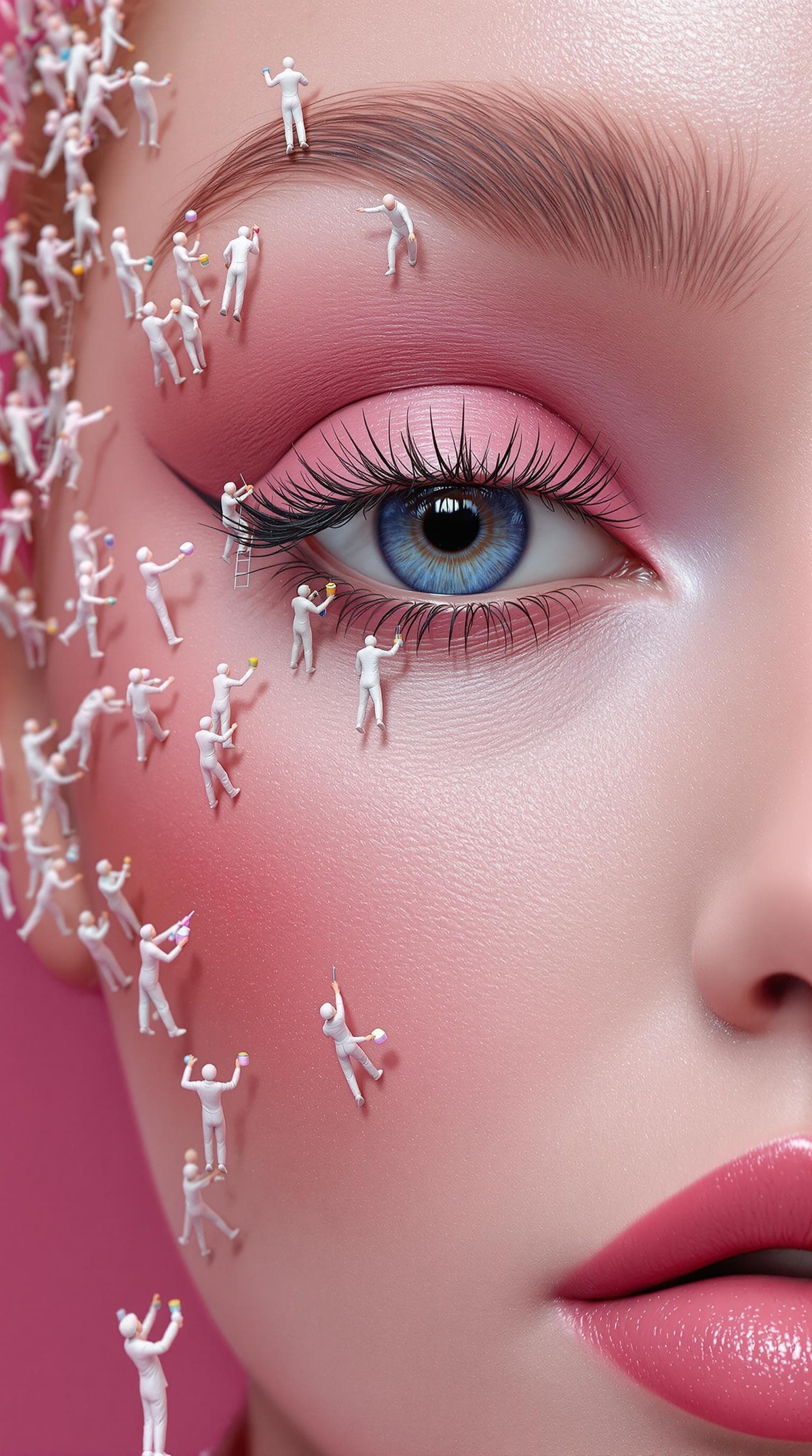 AI generated: Create a Real Eye of a Model Face - A real photo of numerous tiny people, reminiscent of midgets, pe...