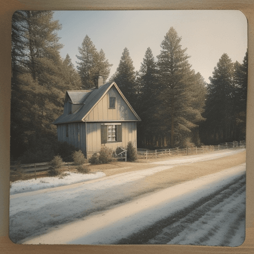AI generated: hyperrealistic farm bird view of small house. winter colours. pine trees. oak tree. 35mm photograph ...