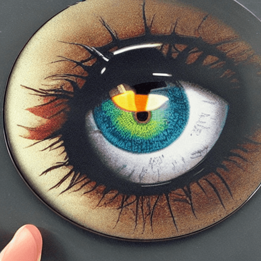 AI generated: Hyper realistic eye, the pupil is a vinyl disk with golden rock-themed engravings