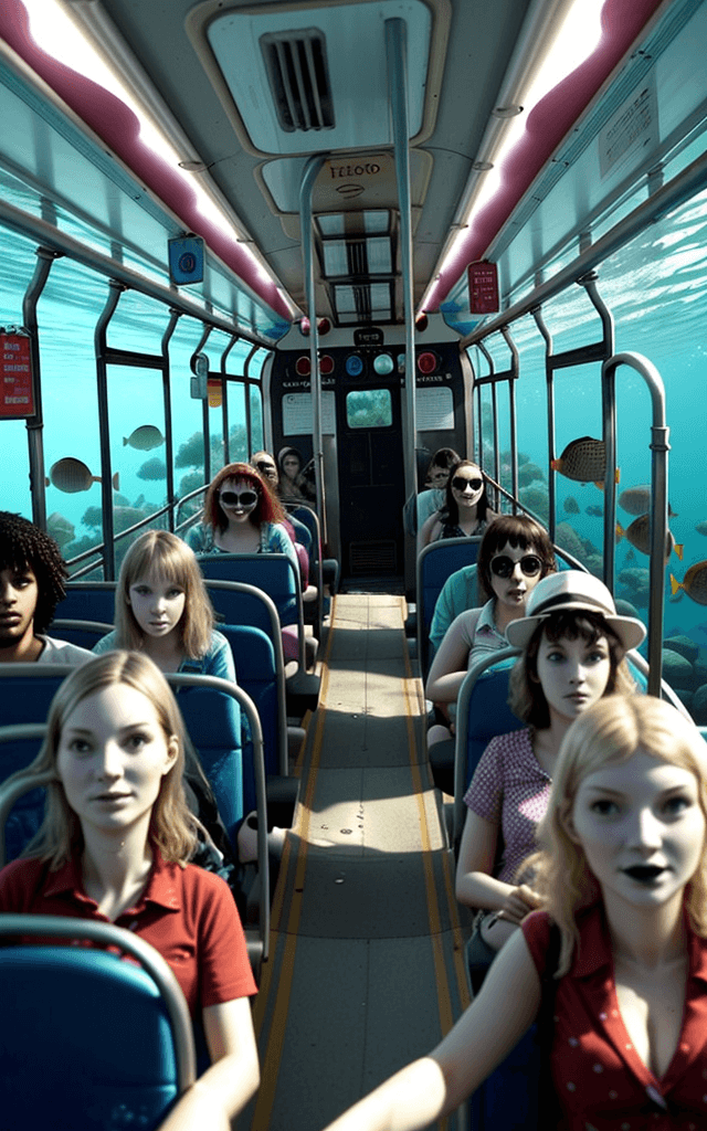 AI generated: a photo of a bus underwater with wierd passengers