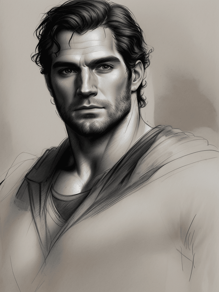 AI generated: Rough charcoal sketch on old paper, Male portrait, (henry cavill), Pronounced ears, clean line art, ...