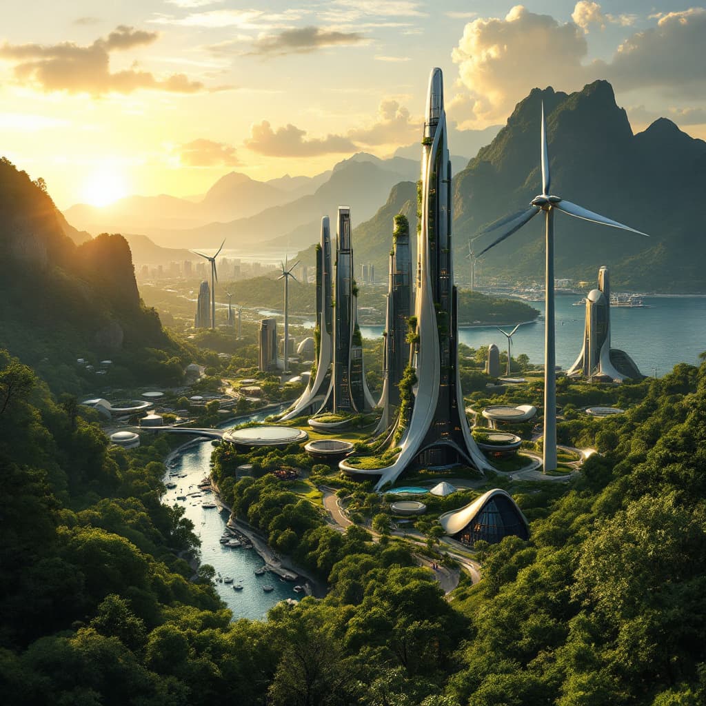 AI generated: Generate an image of a futuristic, sustainable cityscape at sunset. The city is situated on a coastl...