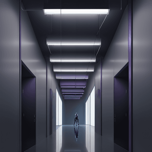 AI generated: architectural photography, perspective, interior space, vertical light panels transition from blue t...
