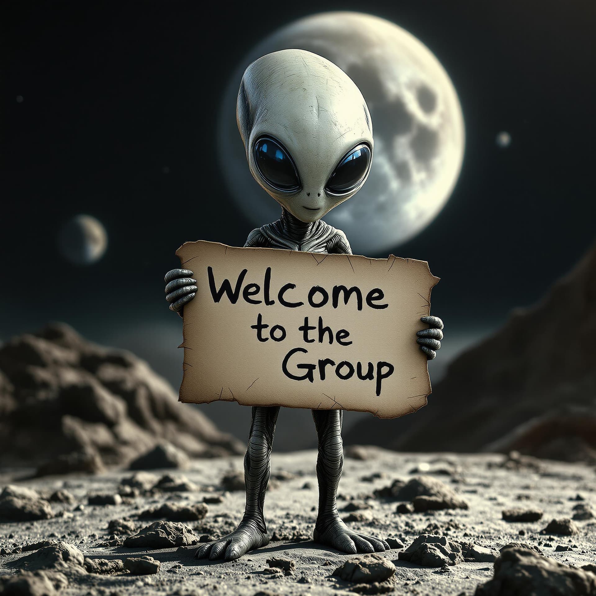 AI generated: Highly realistic Alien holding a sign saying " Welcome to the Group" spelt correctly. He is standing...