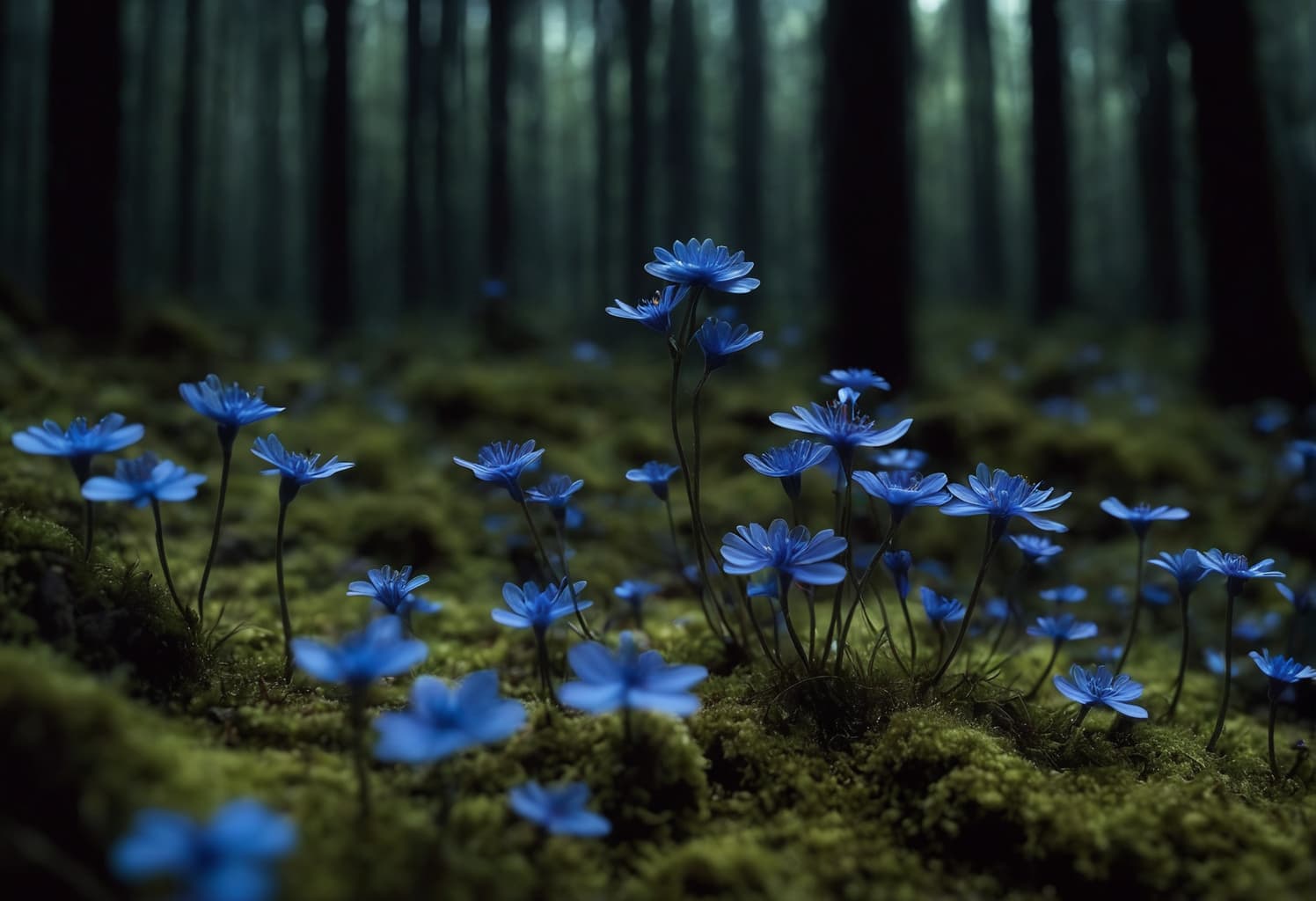 AI generated: RAW photo of, wild flowers, blue, in a dark forest, moss, volumetric lighting, landscape photography