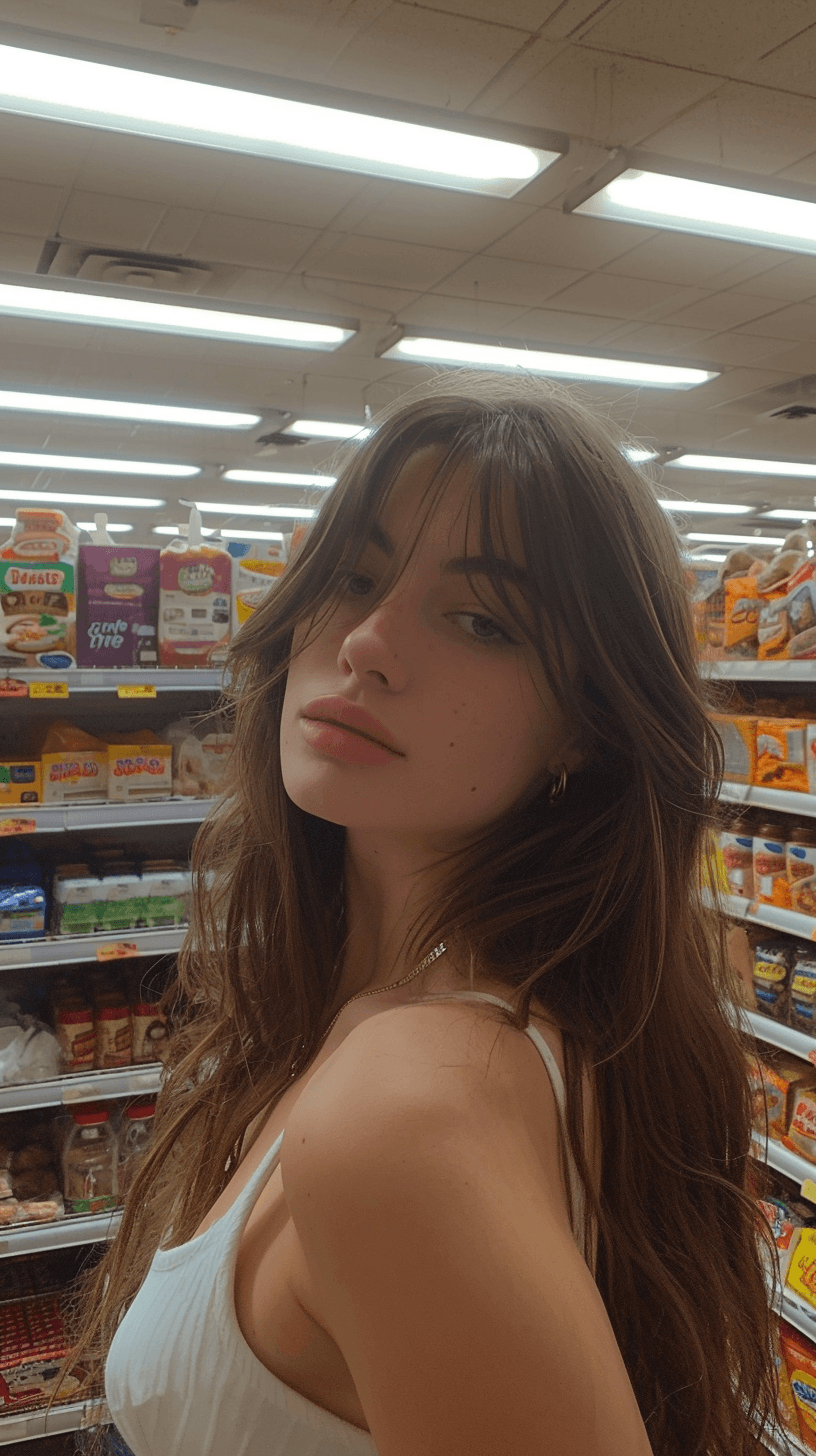 AI generated: photo of dirty attractive woman inside filthy grocery store, posted on snapchat --ar 9:16 --v 6