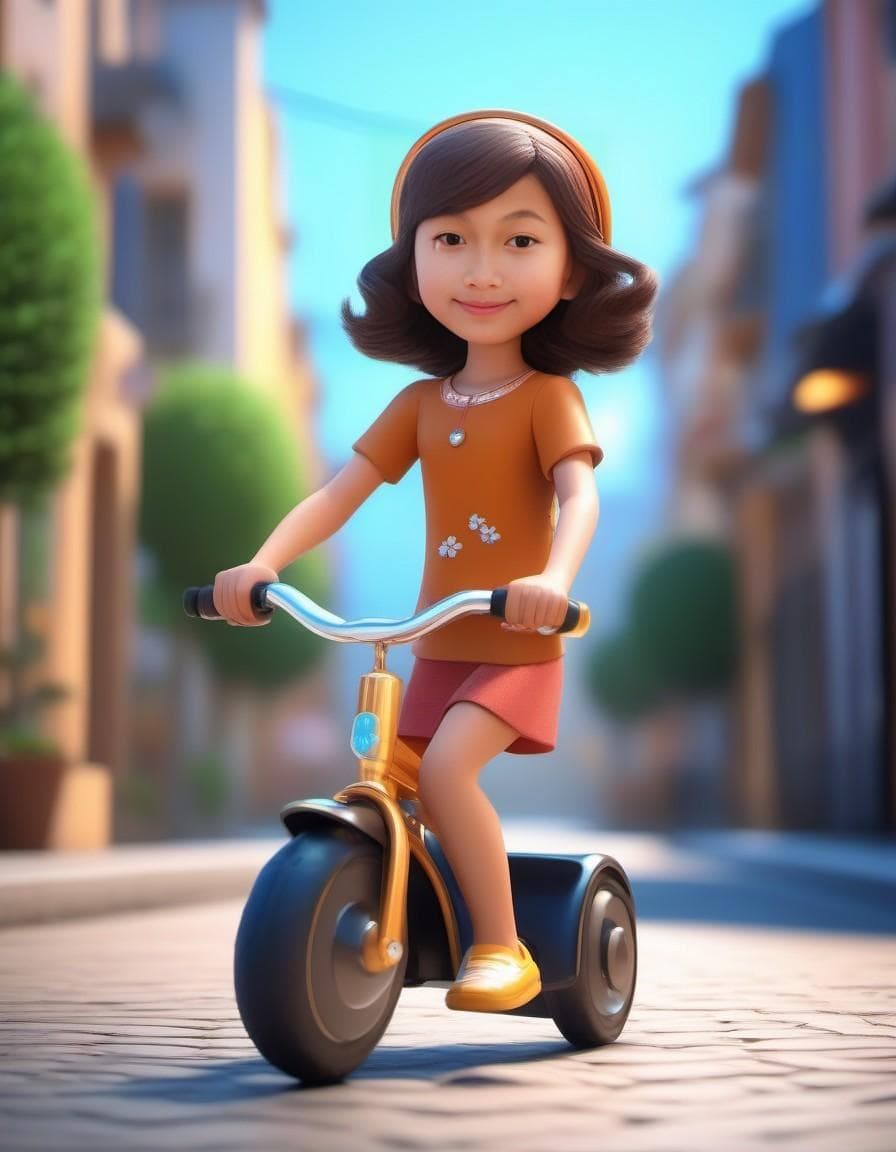 AI generated: A very cute girl, 6 years old, tricycle, in beautiful street, at sunny day, 3d art, c4d, octane rend...