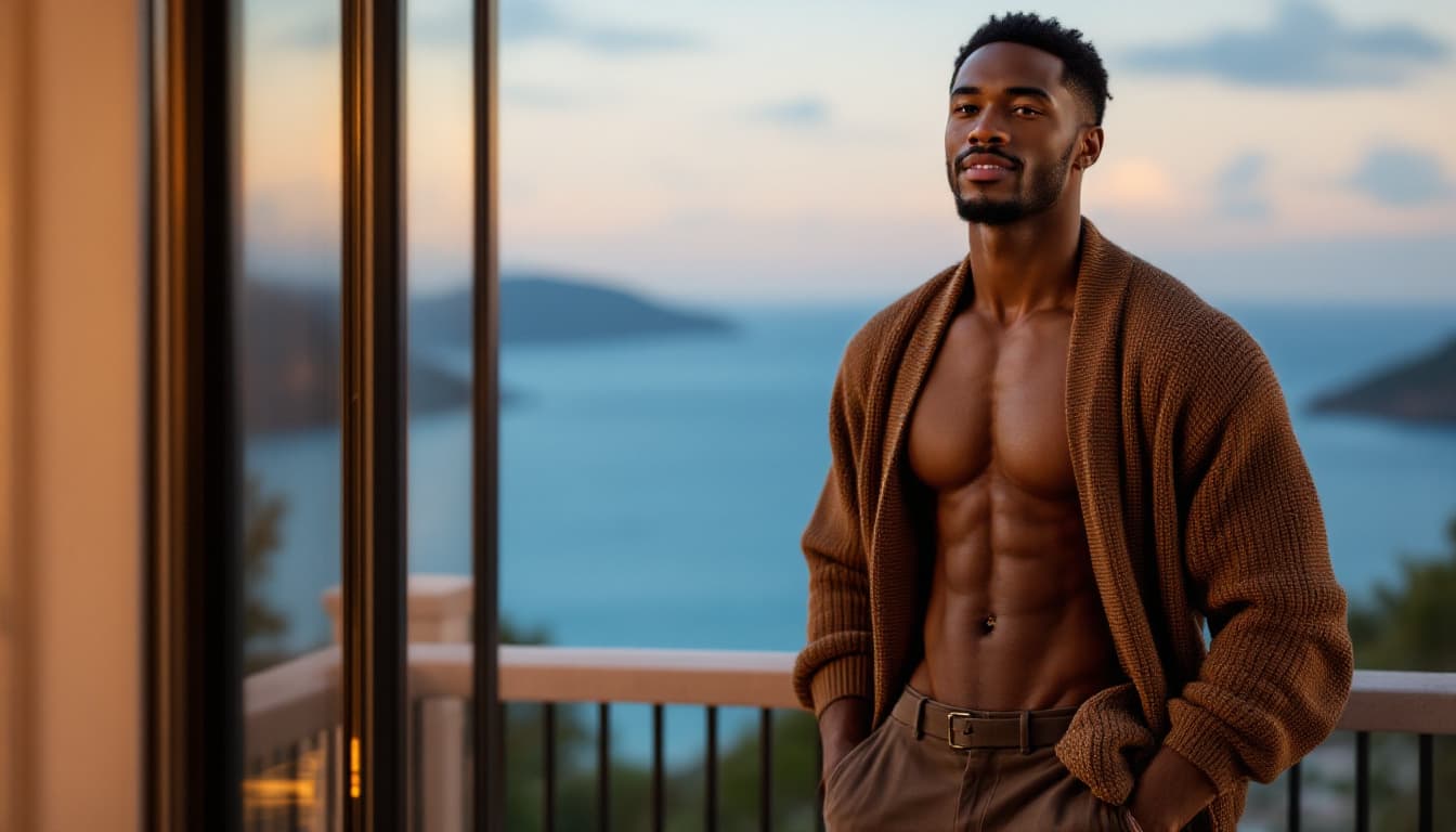 AI generated: A handsome black male model with tan skin and black hair, wearing an open brown sleeveless cardigan ...