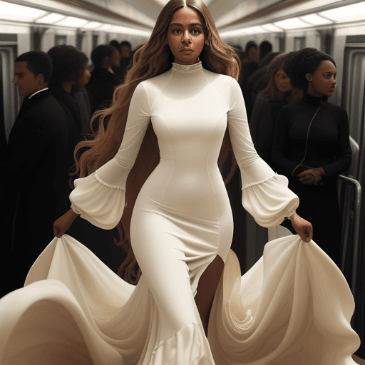 AI generated: The image is a full-length portrait of a medium brown skinned woman in a flowing cream dress. The dr...