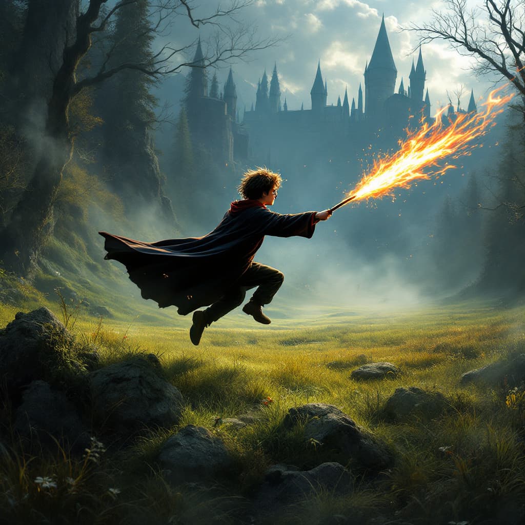 AI generated: a quidditch pitch with harry potter on a firebolt

