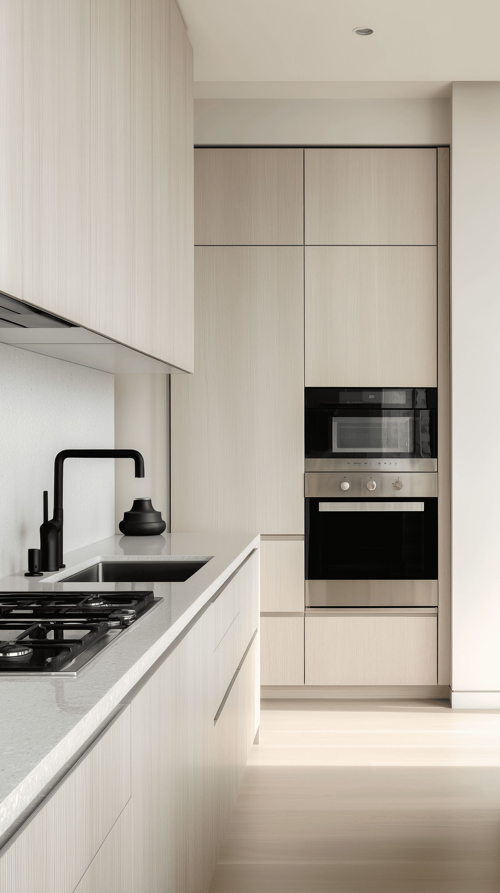 AI generated: photography, minimalist kitchen, perspective view, sleek, flat panel cabinetry in a light ash wood f...