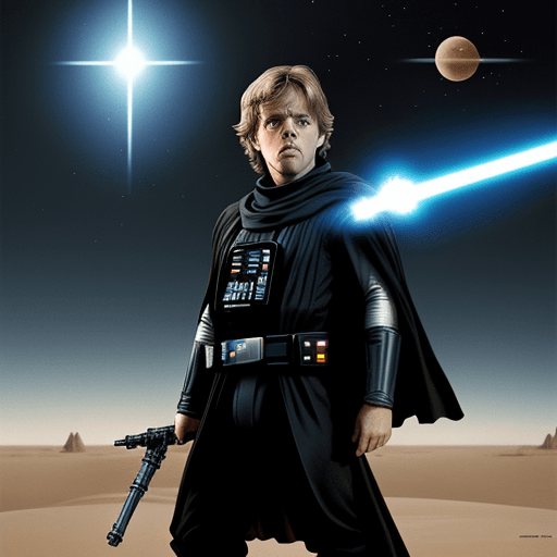 AI generated: Un Luke Skywalker, con tatooine de fondo, con su sable de luz, peleando contra darth vader