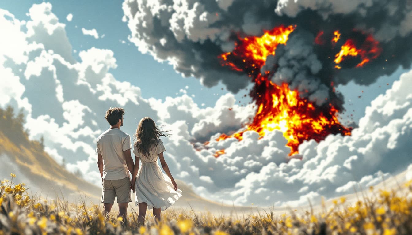 AI generated: A guy in shorts and a girl in a light dress hold hands and look at a nuclear explosion in the distan...