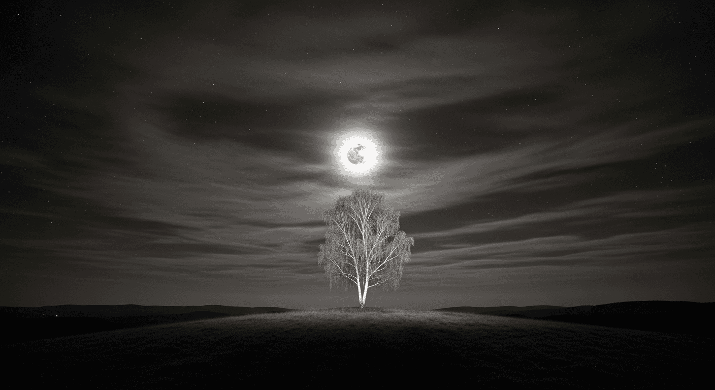 AI generated: A dark night with faint stars showing between many clouds, a full moon illuminating a single tree on...
