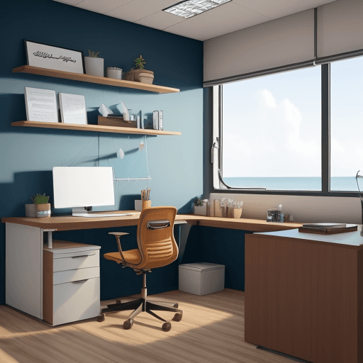 AI generated: Modern office space, fishing decoration, small boats decoration, sailing decoration on the wall.