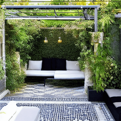 AI generated: high resolution photography garden design, dreamy pergola, seating area with sofa seating and soft w...