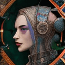 AI generated: tarot card with intricate detailed frame around the outside, portrait of cyberpunk head with jester ...
