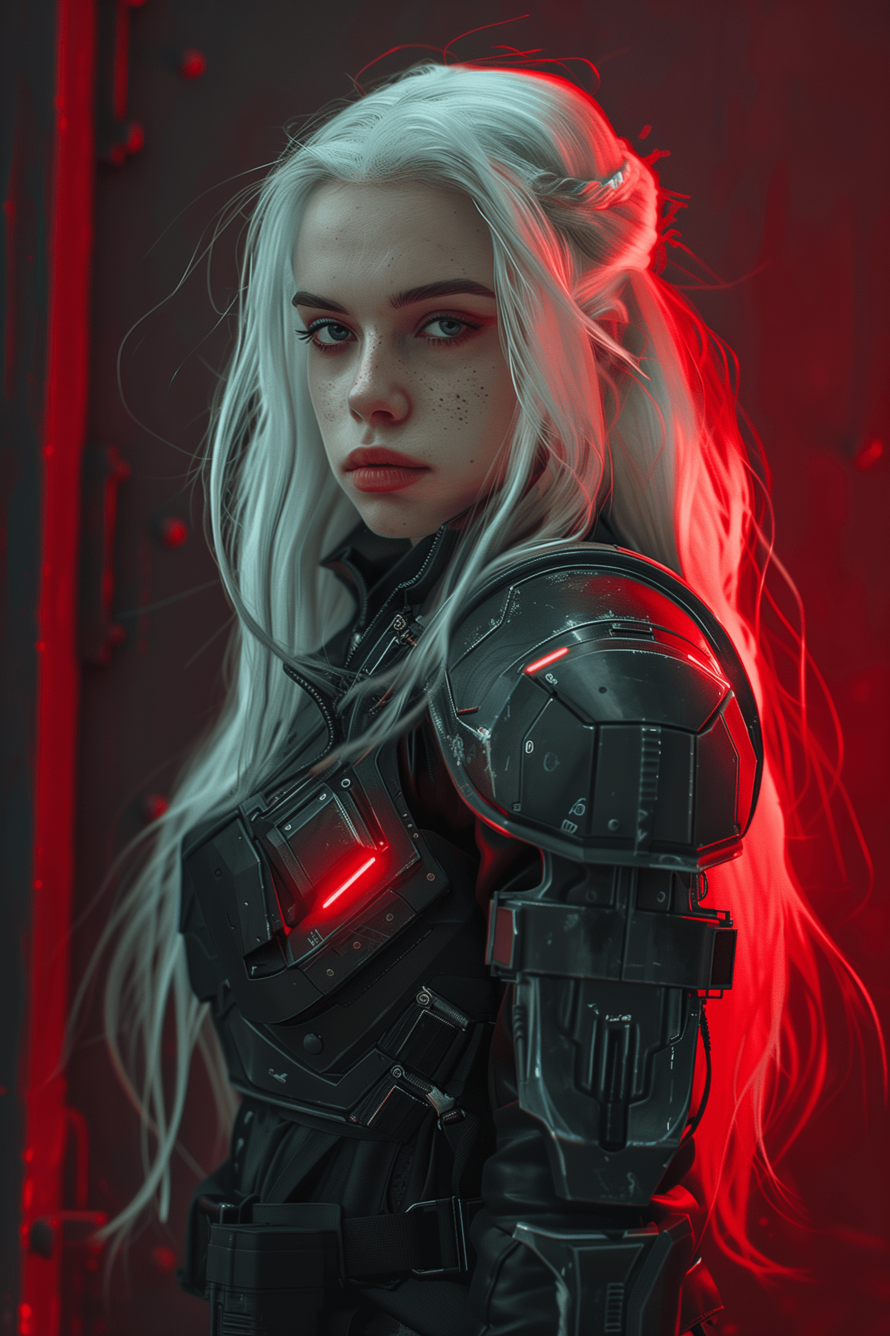 AI generated: Rhaenyra Targarien with long white hair wearing sci-fi armor against a dark red background. Red and ...