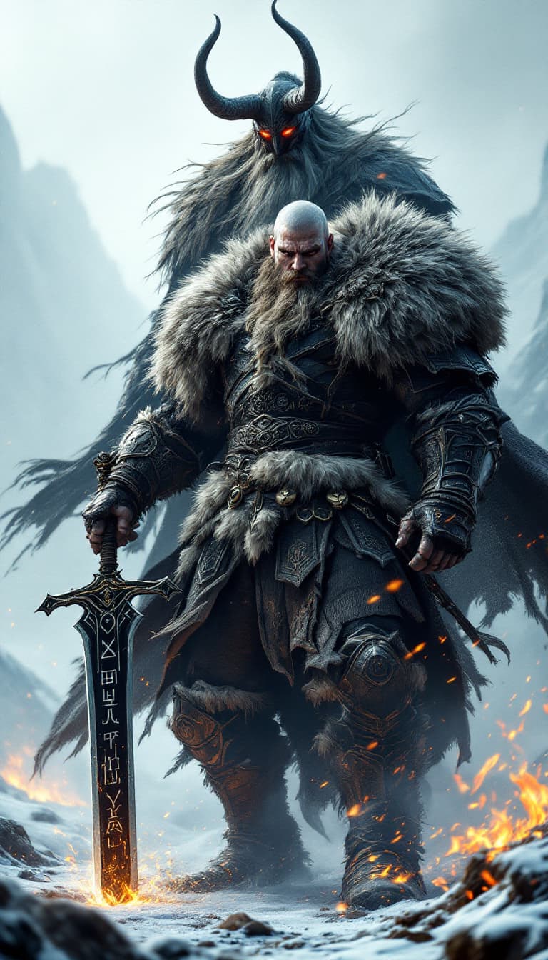 AI generated: An ultra-realistic, zoomed out, front facing full-body portrait of a towering Berserker, his fur-lin...